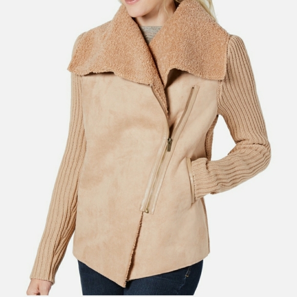 NWT STYLE & CO FAUX SUEDE SHEARLING SWEATER MIXED MEDIA JACKET - Picture 5 of 9